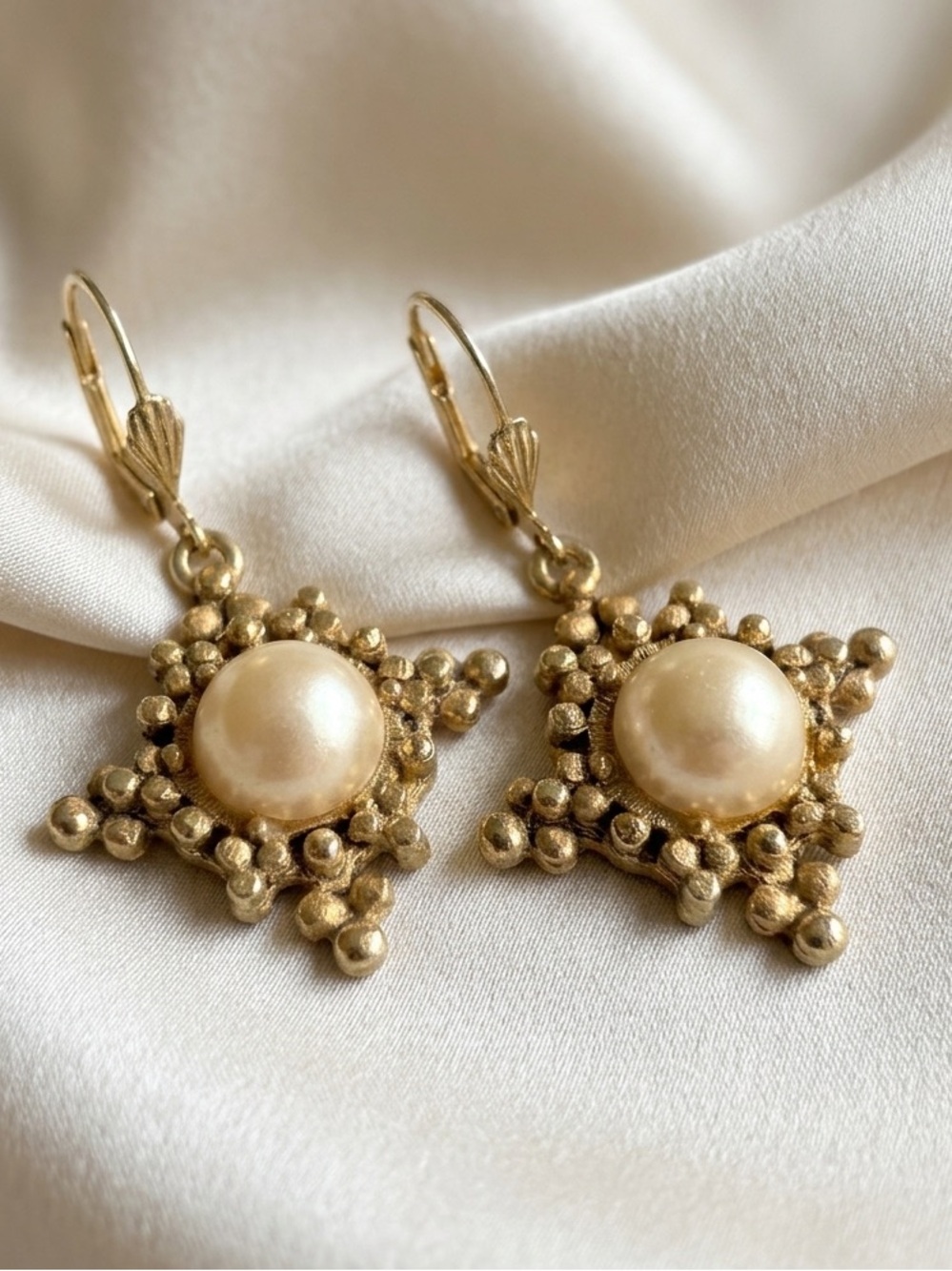 Victorian Style Gold Pearl Drop Earrings Leverback Cottagecore Vintage Costume